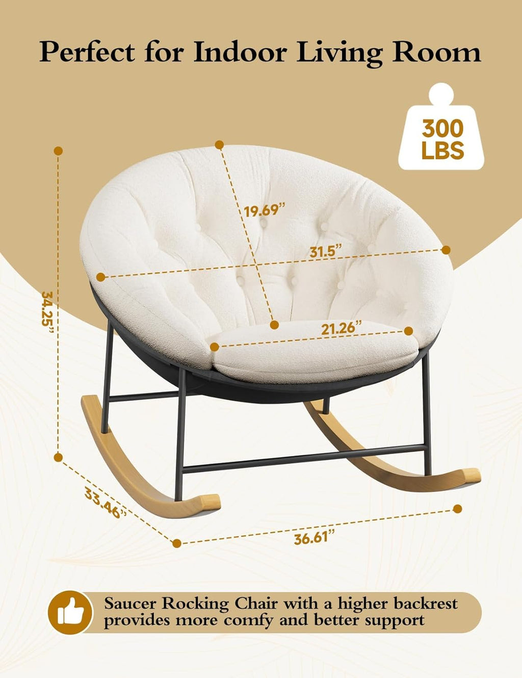 Kidirect Wide Rocking Chair Nursery, Comfy Saucer Nursery Rocking Chairs with Removable Cushion, Indoor Papasan Nursing Chair for Breastfeeding, Mecedora Para Adultos for Living Room & Bedroom (Beige)