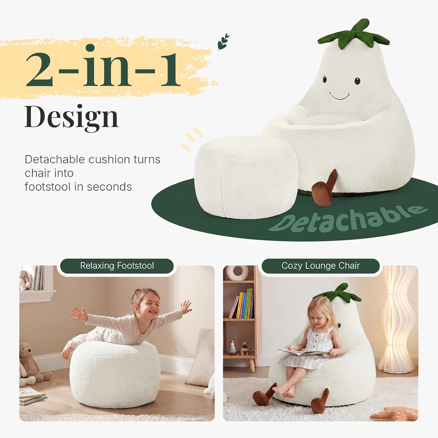 31" Kids Bean Bag Chair, Stuffed Toddler Couch with Faux Rabbit Fur Cover for Teens & Kids, Comfy Lazy Sofa Chair for Reader, Living Room, Bedroom, Aged 4-12 Years Beige