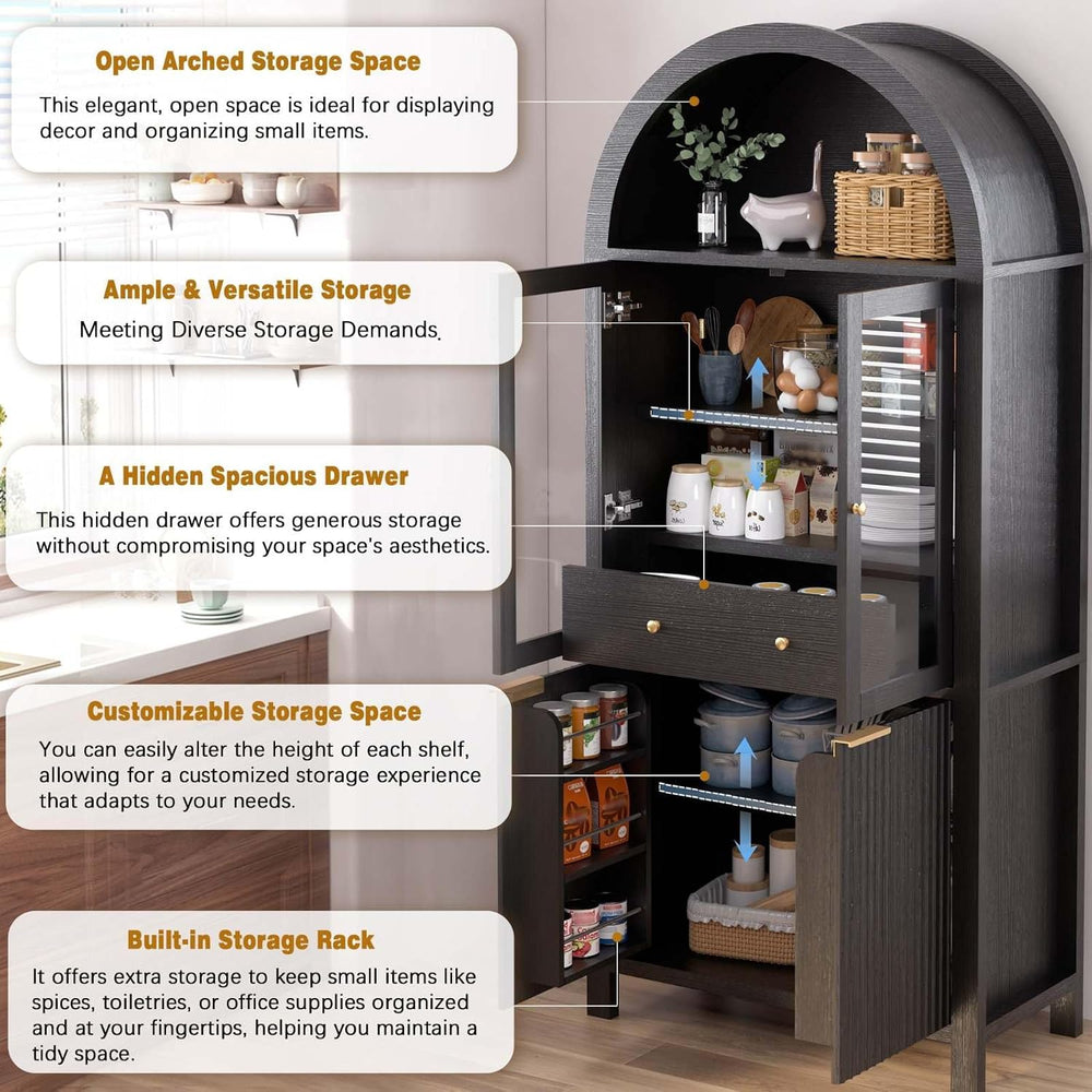 71" Tall Arched Pantry Cabinet with Glass Doors, Fluted Kitchen Storage ...