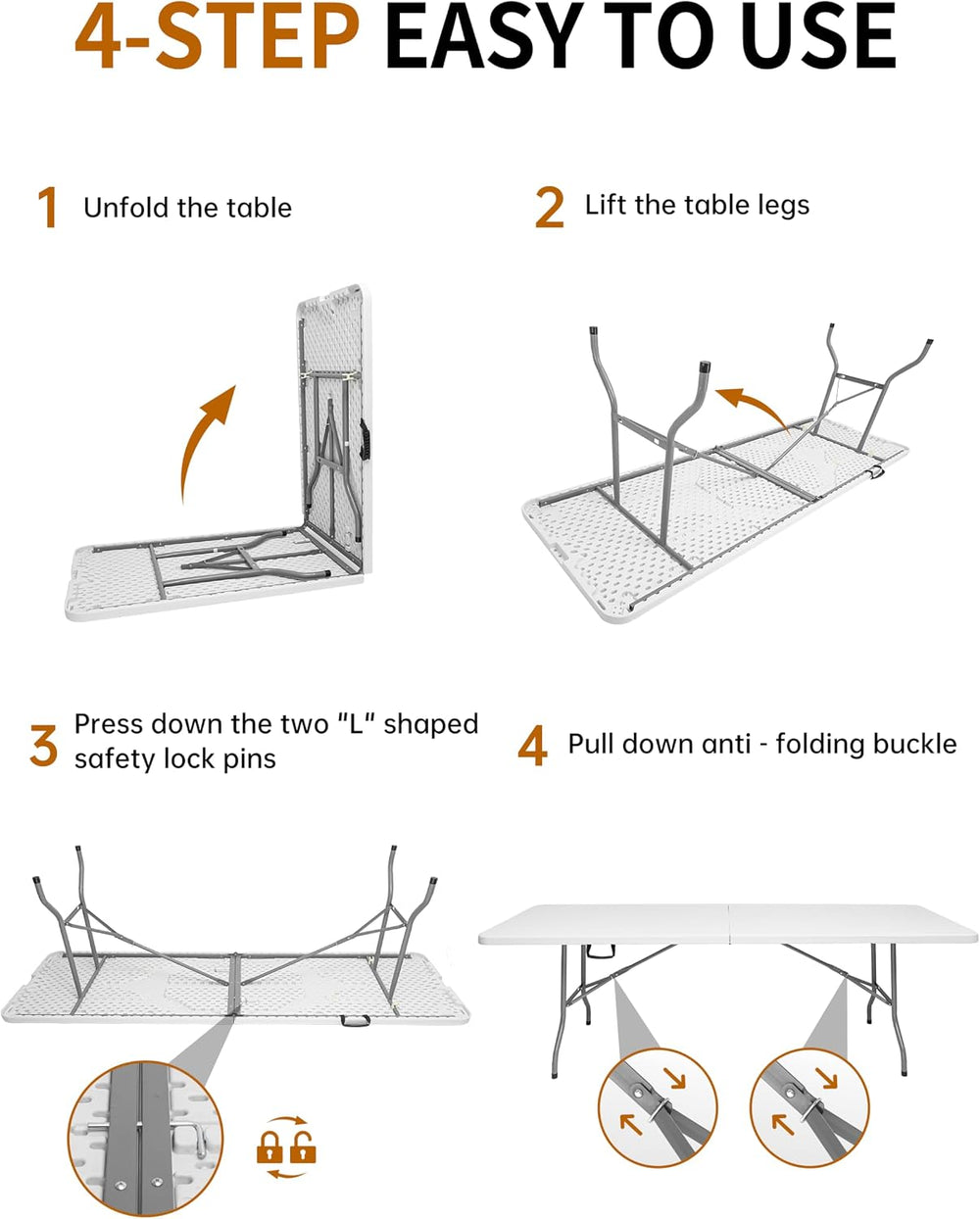8ft Folding Table, Heavy Duty White Large Portable Foldable Table | Plastic 8...
