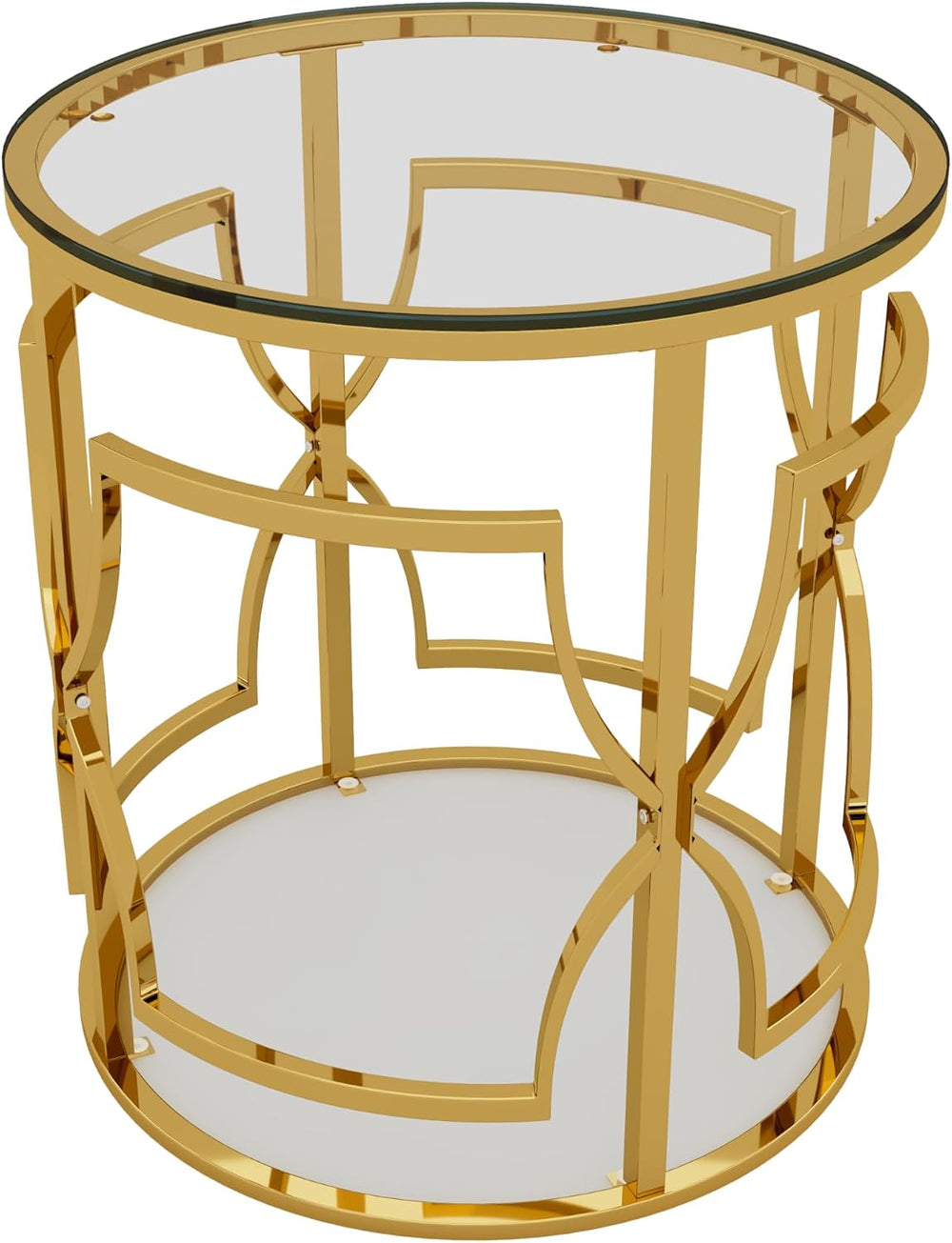 Polibi 19.7" Round Gold Metal End Table with Tempered Glass Top & 2-...