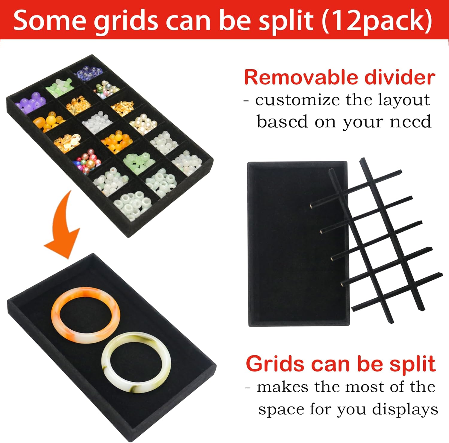 216 Grids Jewelry Drawer Organizer Tray 12 Pack Stackable Velvet Jewelry Trays Removable Dividers for Earring Rings Storage Plate