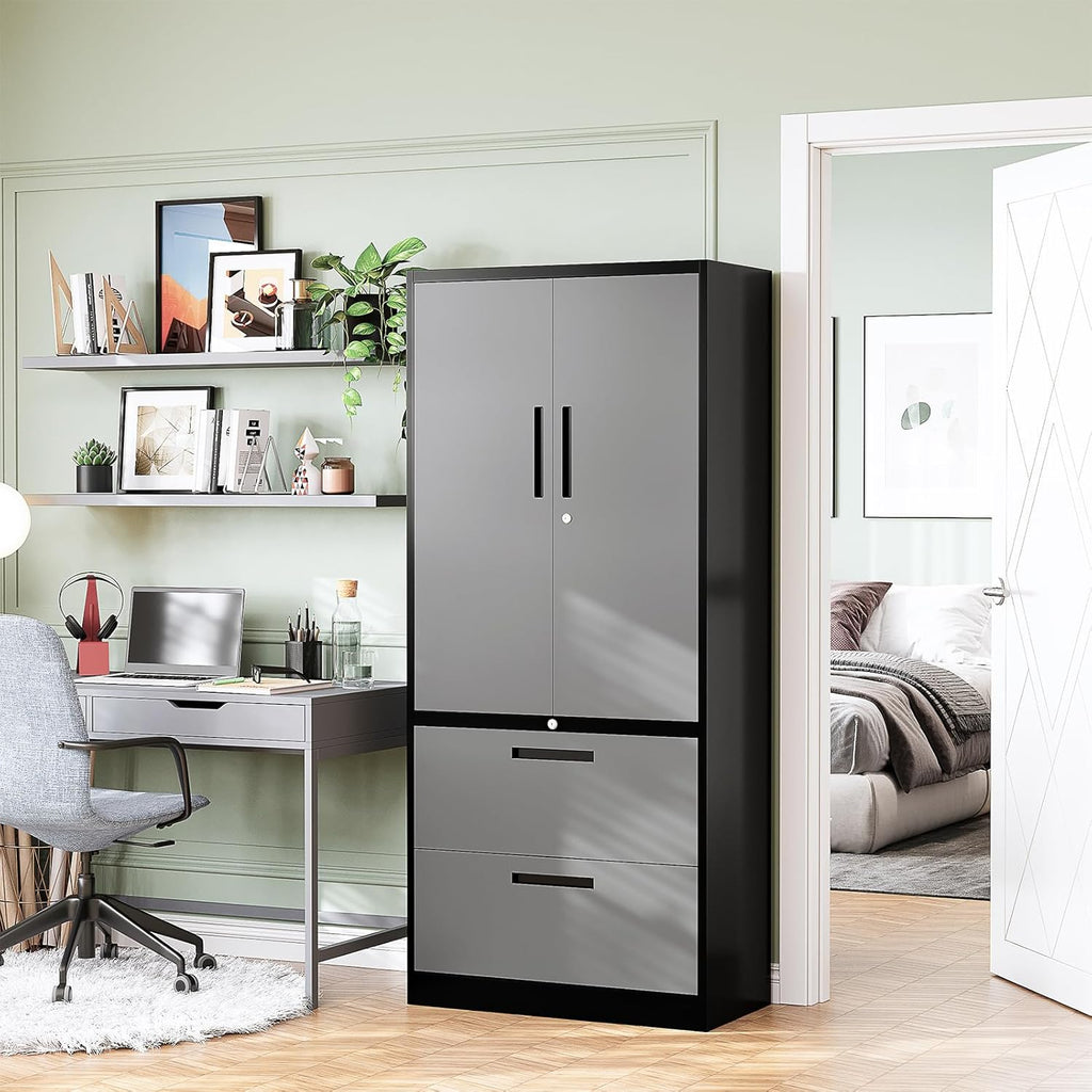 2-Drawer Metal File Cabinet,Lateral Filing Cabinets for Home Office,Locking File Cabinet with Storage Shelves,Legal/Letter/A4 Size Office File Cabinets(Black Grey, Assemble Required)