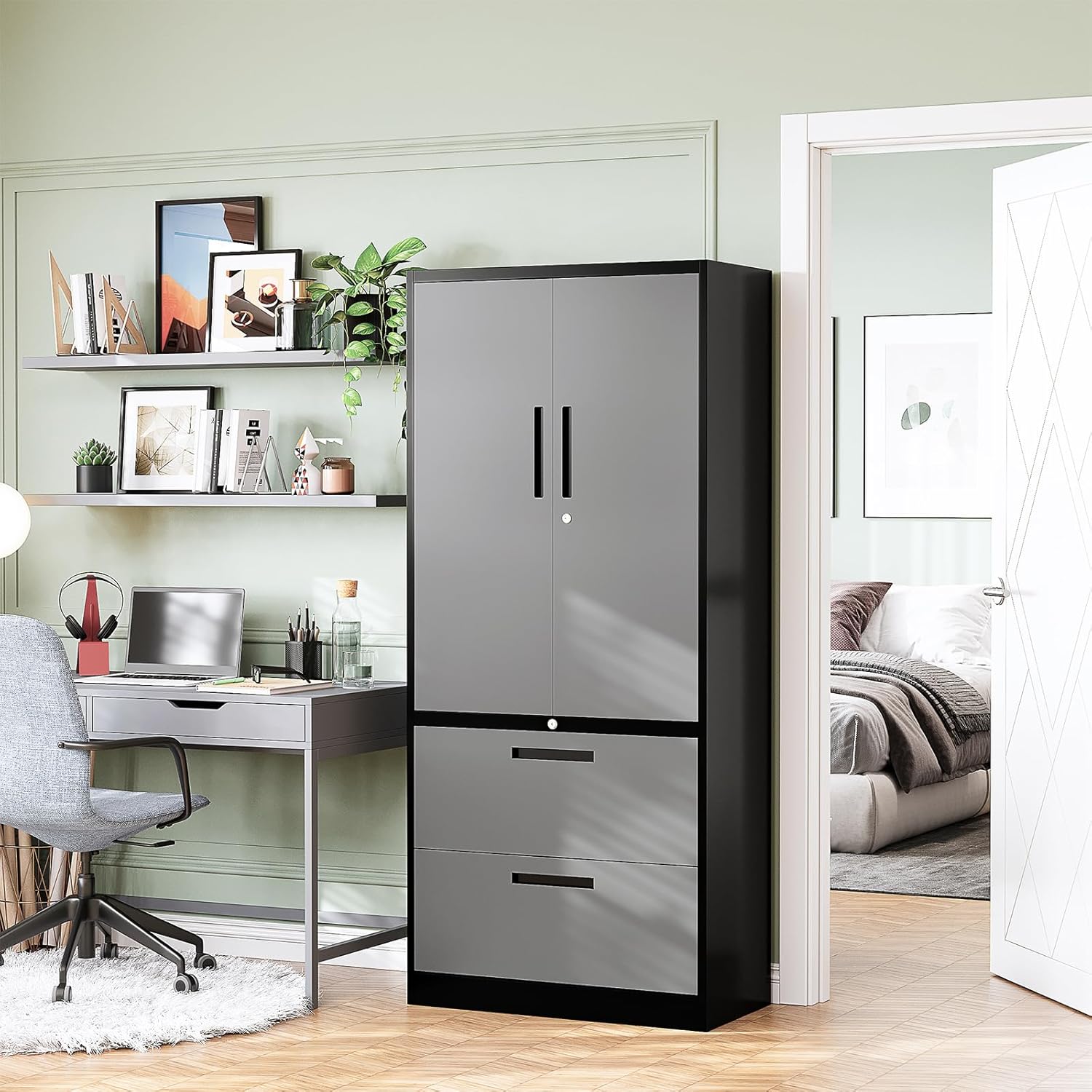 2-Drawer Metal File Cabinet,Lateral Filing Cabinets for Home Office,Locking File Cabinet with Storage Shelves,Legal/Letter/A4 Size Office File Cabinets(Black Grey, Assemble Required)