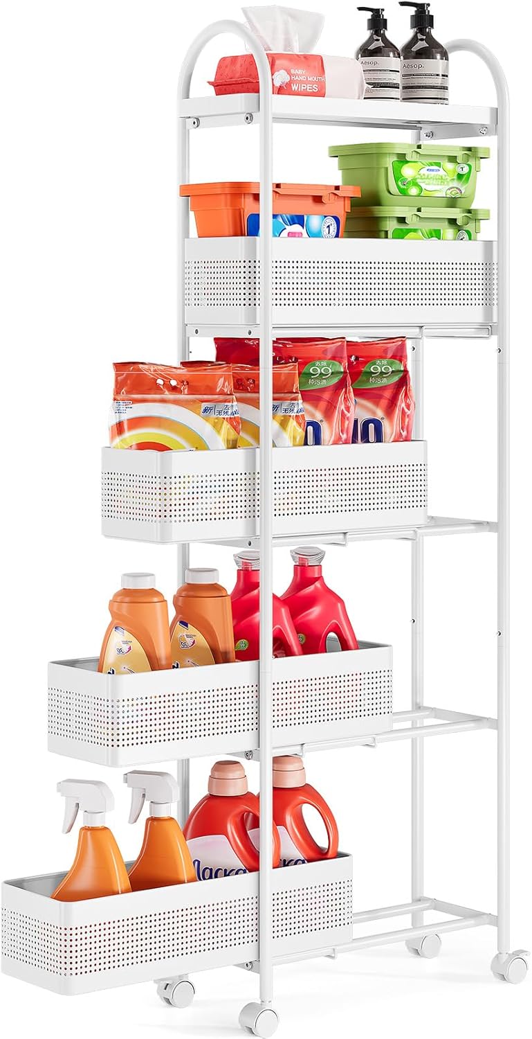 KINGRACK 5-Tier Slim Storage Cart with Pull Out Basket, Rolling Bathroom Orga...