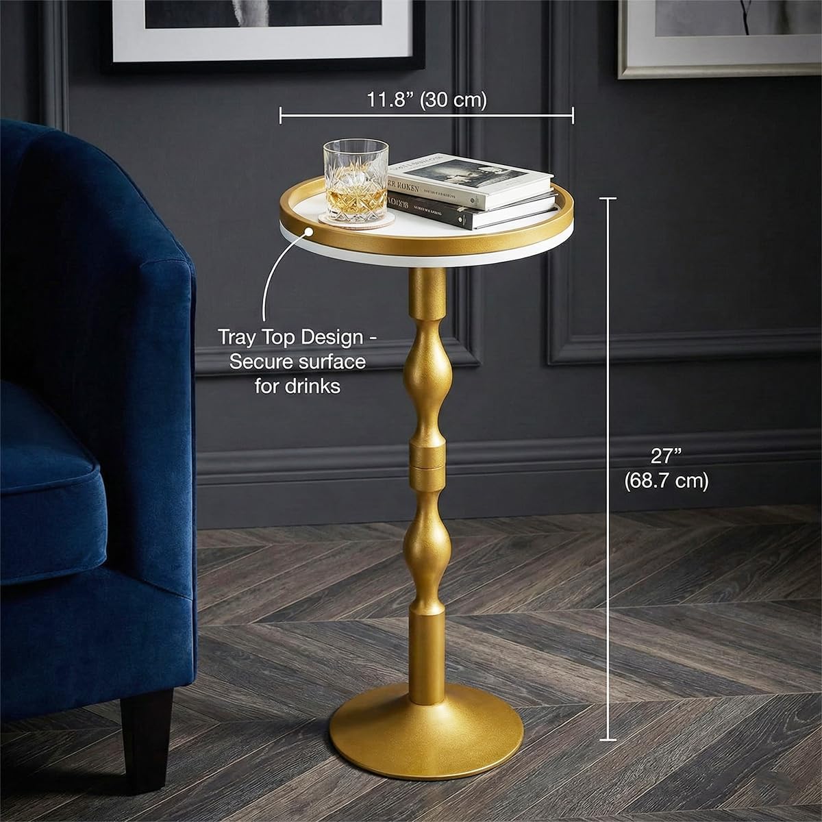 Small Round Gold Side Table,Drink Table with Weighted Base,Modern White & Gold Pedestal End Table with Tray Top Edge for Small Spaces, Living Room, Next to Sofa,27 "Tall
