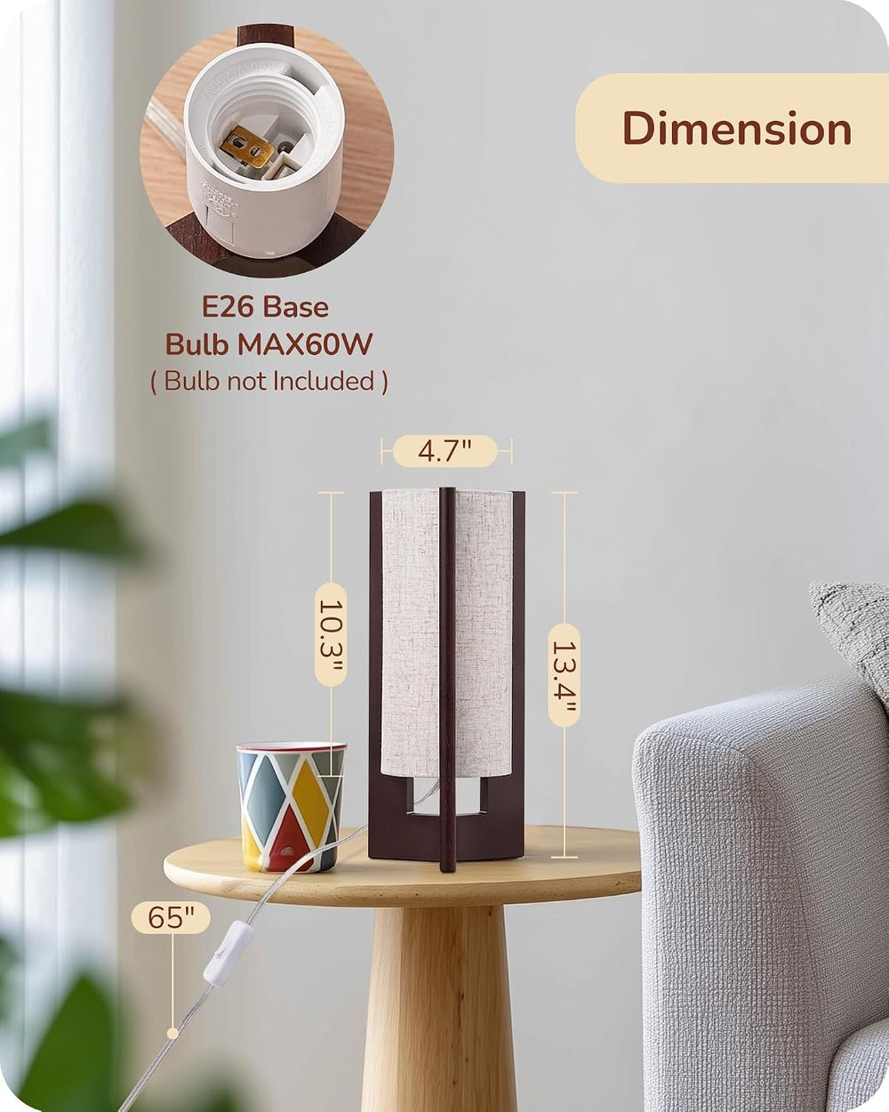 EDISHINE 13.5" Small Table Lamp, Walnut Wood Cylinder Lamp, E26 Base, 2Pack