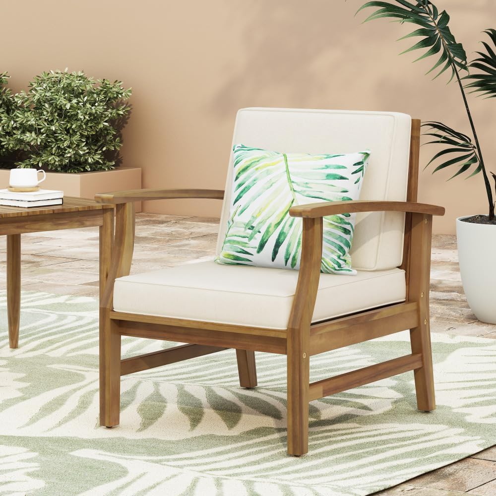 Weatherproof Acacia Wood Outdoor Arm Chair with Beige Cushions, Indoor & ...