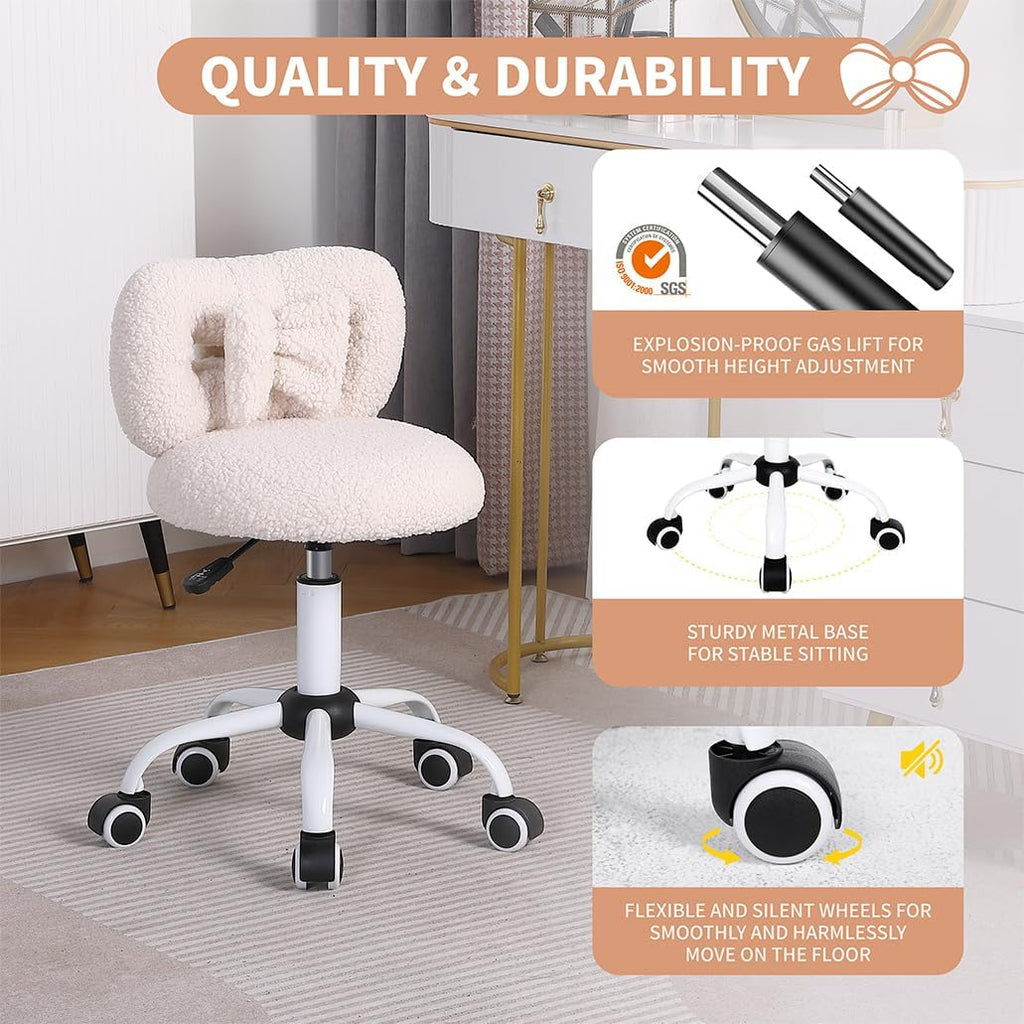 Kids' Desk Chair with Bow Design, Cute Upholstered Swivel Chair with Wheels and Adjustable Height, Small Comfy Armless Chairs for Girls/Children (Cream)