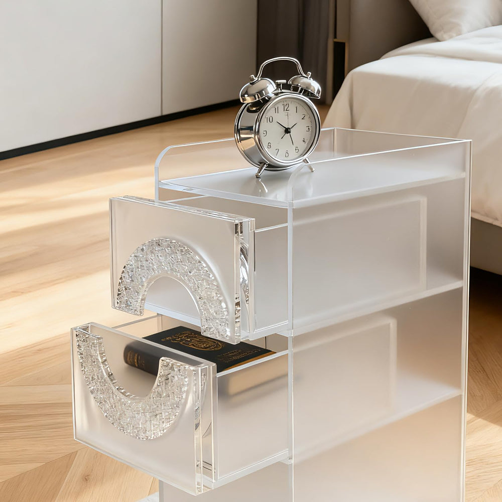Frosted Acrylic Nightstand with 2 Drawers - Modern Slim Bedside Table for Sma...