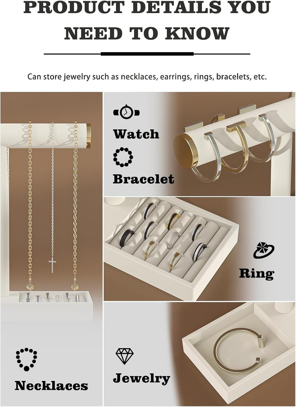 Bracelet and Necklace Holder,Velvet Jewelry Necklace Display Organizer Stand,bracelet Holder for Selling,Bracelet and Necklace Storage Tree (Style 1（Beige+ Metal lid）)