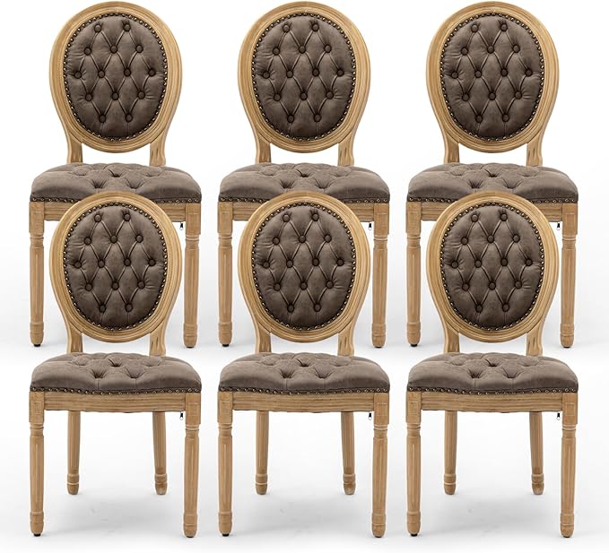 PU Leather Upholstered Dining Chairs Set of 6 French Country Round Back Kitchen Side Chairs with Nailhead Trim and Wood Legs for Dining Room, Kitchen, Restaurant(Brown)