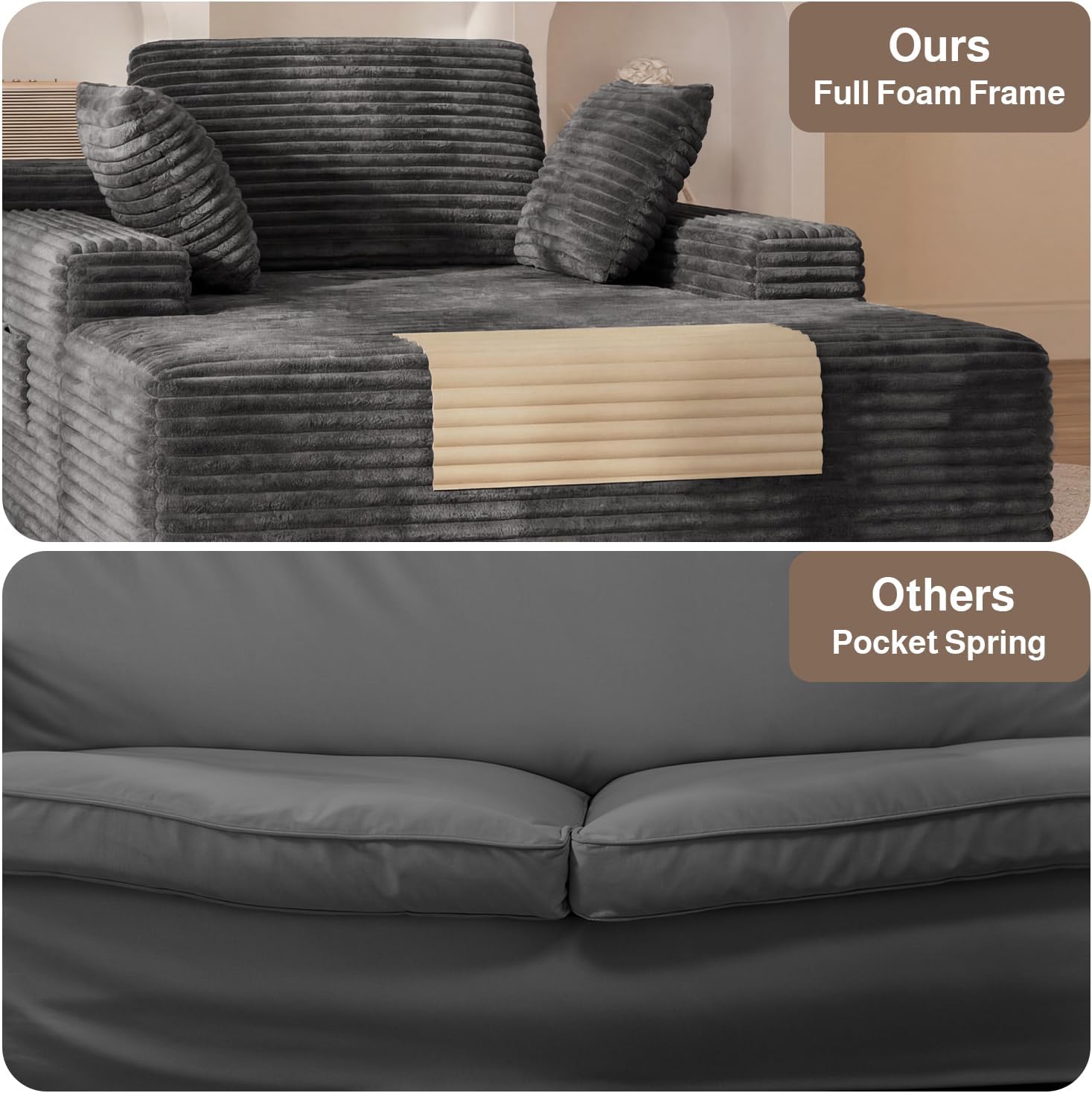 67" Boneless Chair, Chaise Lounge Chair Indoor with 3 Pillows, Gray | No-Assembly Corduroy Chaise Lounge;Oversized boneless chaise lounge with Side Pockets;Pet-Friendly Fuzzy Reading Chair