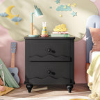 Cyclysio Nightstand with Charging Station, Side End Table with 2 Drawers, Modern Wood Night Stand with Scalloped Pattern for Bedroom, Bedside Night Tables with Solid Wood Gourd Legs