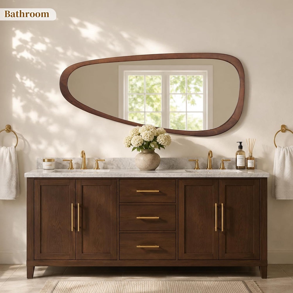 HOMECOOKIN 48 x 22 Asymmetrical Mirror, Irregular Wooden Wall Mirror for Bedr...