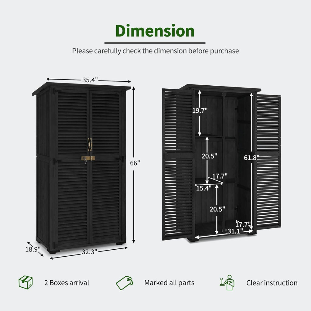 MCombo Outdoor Storage Cabinet, Wooden Storage Shed with Latch, Outside Garden Tool Shed with 2 Doors for Patio Yard Lawn, 0808 (Black, Medium)