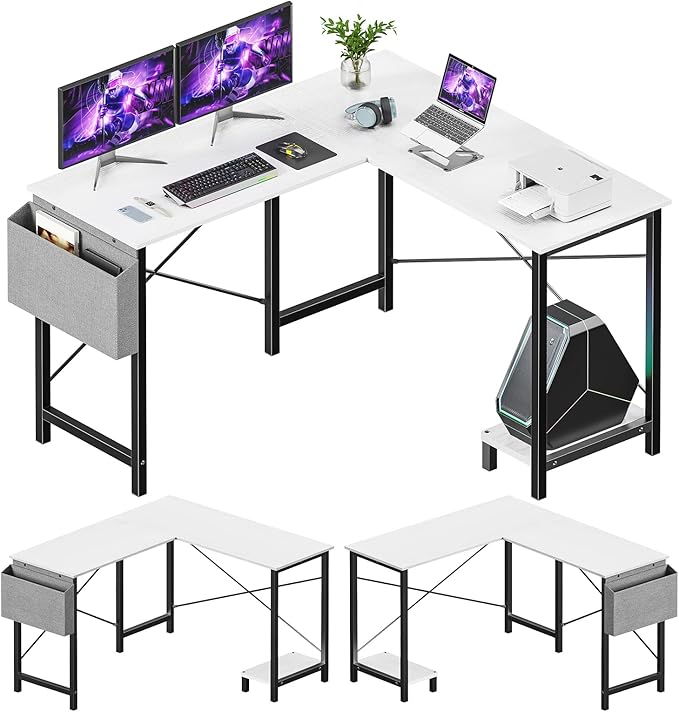 Sweetcrispy L Shaped Computer Desk - Gaming Corner 50 Inch PC White Writing Study Student Table with Wooden Desktop CPU Stand Side Bag Reversible for Home Office Room Small Space, Black