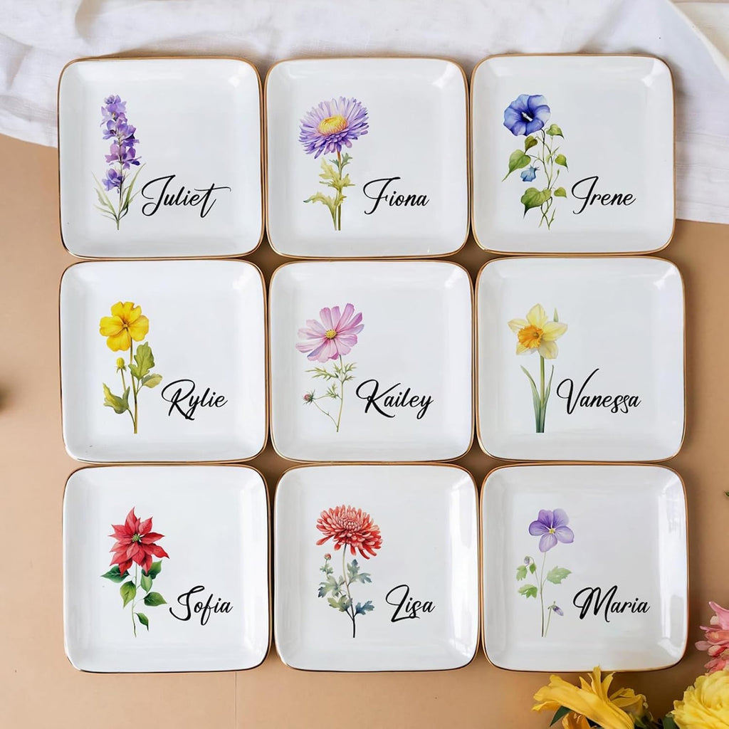 Custom Gifts For Mom - Personalized Birth Flower Trinket Dish,Custom Jewelry Ring Dish,Mom Birthday Gifts,Wedding Bridesmaid Gift