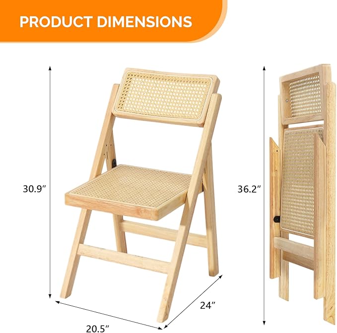 VINGLI 2 Pack Rattan Wooden Folding Chair, Dining Folding Chair with 360° Swivel Backrest, Sturdy Rubberwood Frame and Rattan Woven Seat and Back, Natural Color, Set of 2