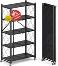 Upgraded 18% Thickened Portable 5-Tier Foldable Storage Shelves with Wheels Heavy Duty Storage Shelf Collapsible Shelves Unit Display for Garage Storage Kitchen Pantry & Closet Organizer, Matte Black