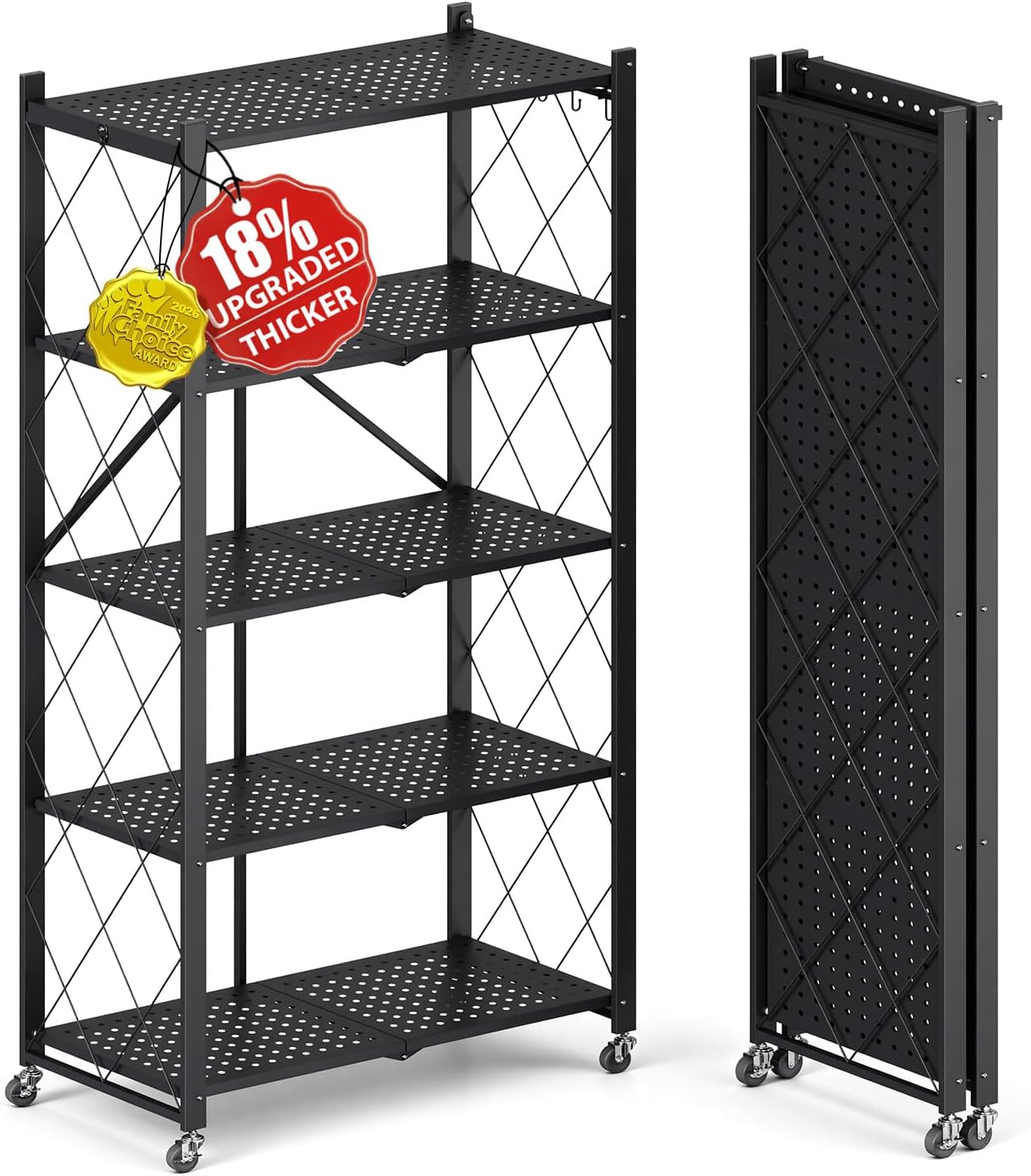 Upgraded 18% Thickened Portable 5-Tier Foldable Storage Shelves with Wheels Heavy Duty Storage Shelf Collapsible Shelves Unit Display for Garage Storage Kitchen Pantry & Closet Organizer, Matte Black