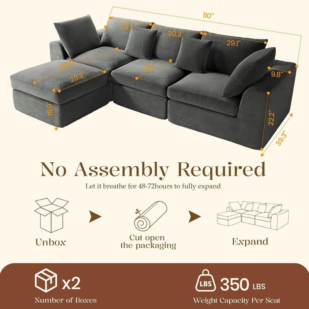 Benazcap 110'' Cloud Couch, L-Shaped Boneless Couch, Dark Grey | 3-Seat Sectional Couches for Living Room, Modular Sofa with Movable Ottoman, Deep Seat, Thick Cushion