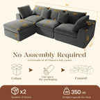 Benazcap 110'' Cloud Couch, L-Shaped Boneless Couch, Dark Grey | 3-Seat Sectional Couches for Living Room, Modular Sofa with Movable Ottoman, Deep Seat, Thick Cushion