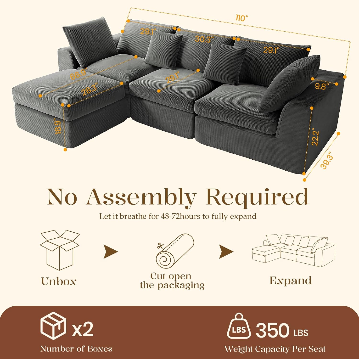Benazcap 110'' Cloud Couch, L-Shaped Boneless Couch, Dark Grey | 3-Seat Sectional Couches for Living Room, Modular Sofa with Movable Ottoman, Deep Seat, Thick Cushion