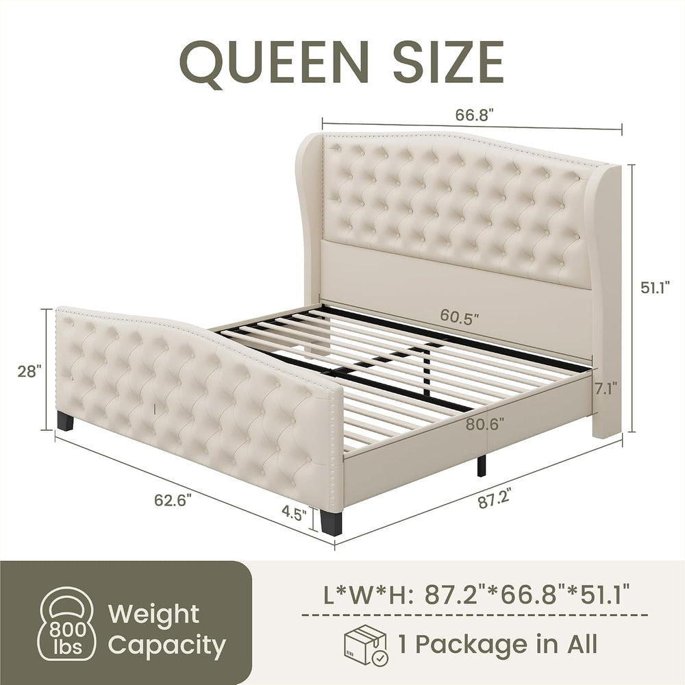 LARMACE Queen Size Bed Frame Velvet Upholstered Platform Bed with Wingback He...