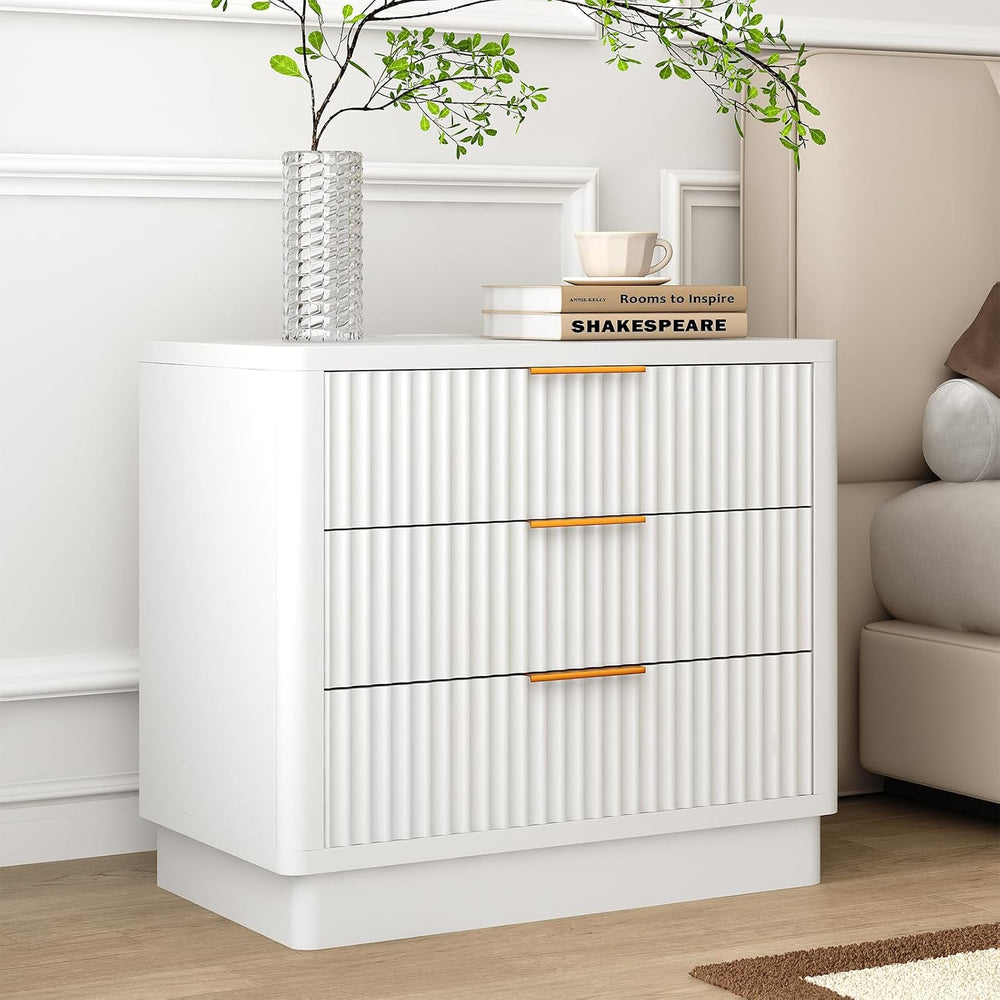 ELYKEN 24'' Nightstand Set of 2, Outlet & 3 Drawers, Fluted Bedsi...