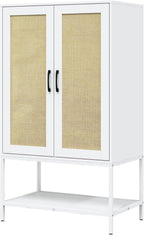 Wardrobe Closet, Wooden Closet Organizers with 2 Doors and Bottom Storage Shelf for Bedroom, Almirah for Clothes, Rattan Wardrobe Cabinet with Hanging Rail and Soft Hinge, Metal Leg(White)