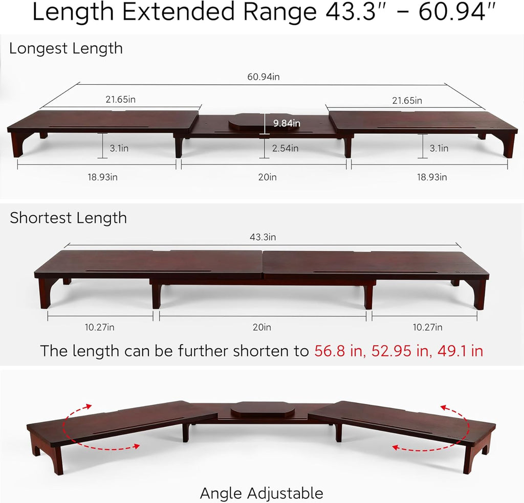 Nnewvante Large Dual Monitor Stand Riser, 60 inch Bamboo Monitor Stand with Adjustable Length and Angle, 3 Shelves Desktop Screen Riser for Computer Laptop PC, Walnut