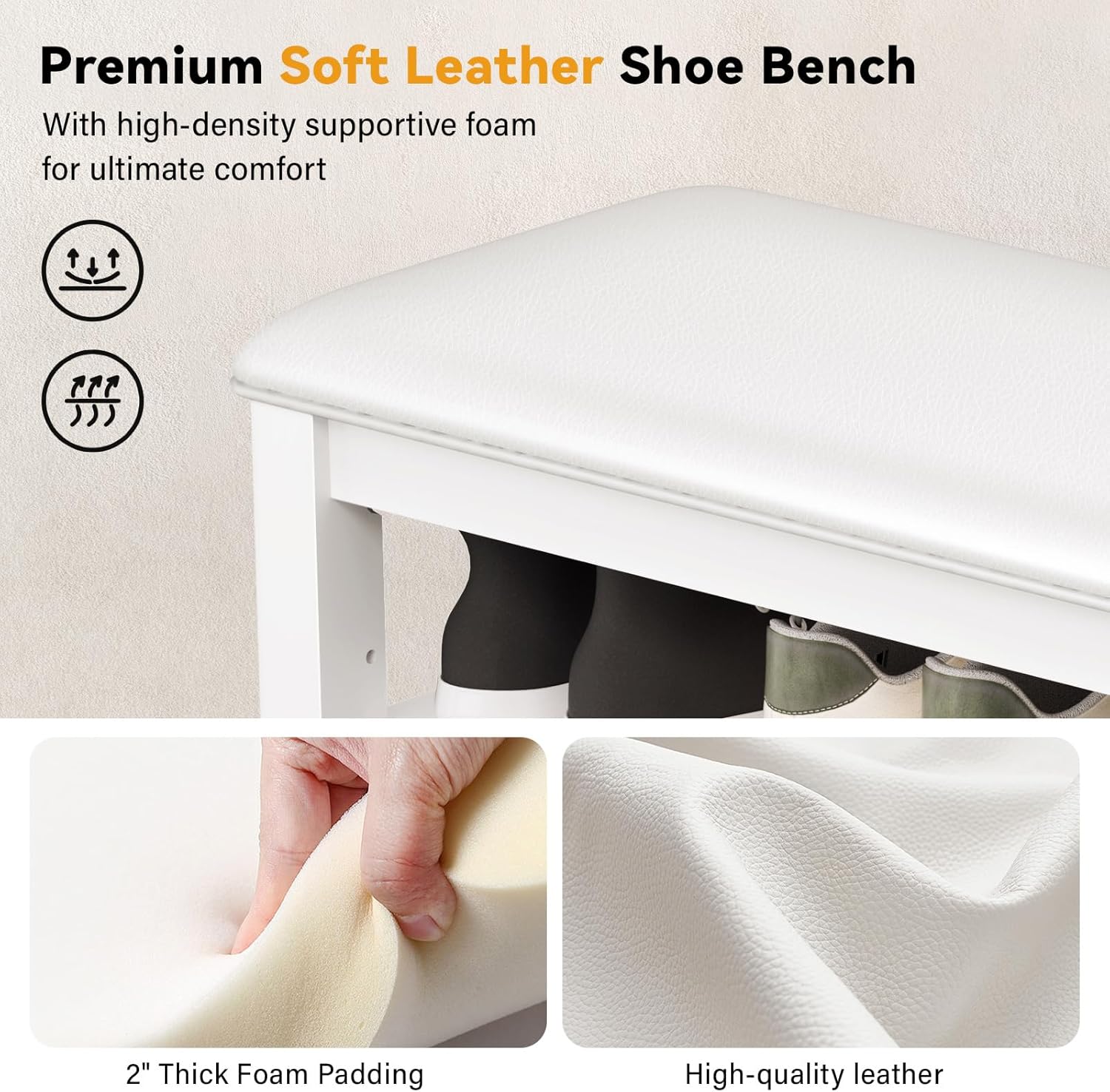 Shoe Bench Storage Rubberwood with Leather Cushion for Entryway Bench Ideal for Hallways Shoe Rack Front Doors Entrances Mudrooms Featuring 3 Height-Adjustable and Removable Shelves