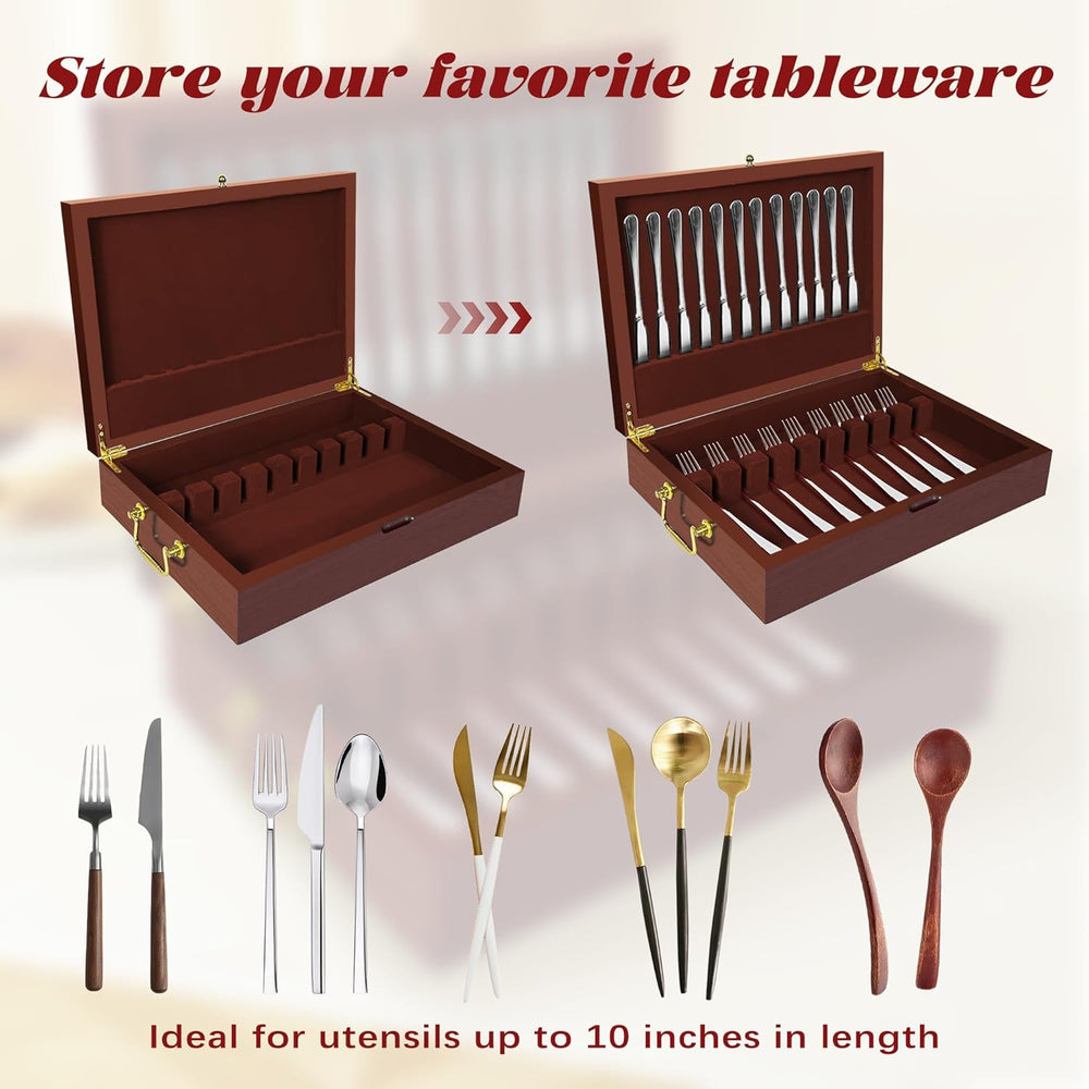 Silverware Storage Box Solid Wood with Lid, Silverware Organizer with Handle ...