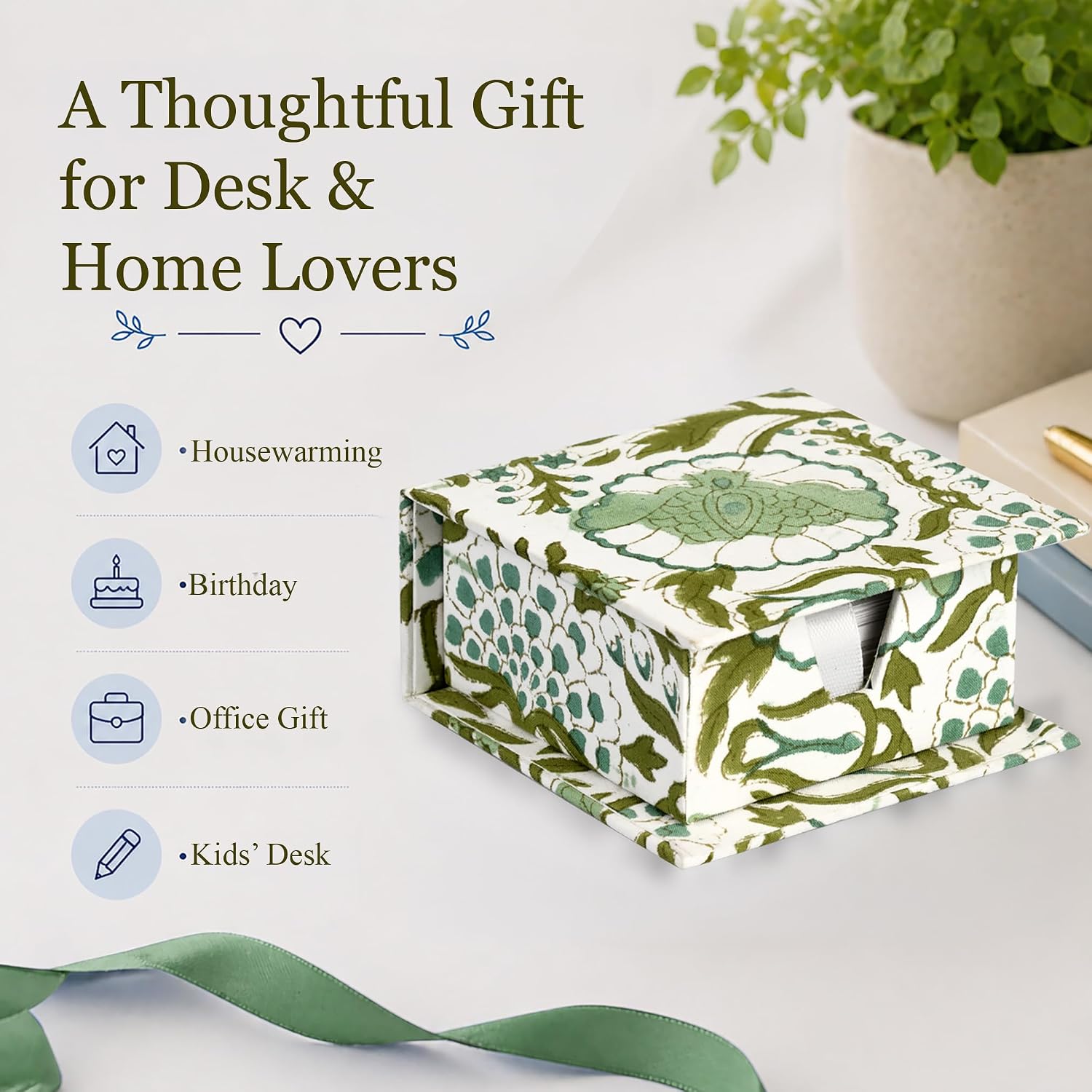 CPC Agate Green Block Print Cotton Desk Organizer Sticky Note Holder, 4'' X 4'' X 2'' Cute, Aesthetic, Decor Accessories, Workspace Organizers, Caddy Storage, Gift for Office, Professionals, Student