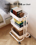 Pipishell 3 Tier Metal Rolling Utility Cart, Heavy-Duty Storage Rolling Cart with 2 Lockable Wheels, Multifunctional Mesh Organization Utility Cart for Kitchen Dining Room Living Room (White)