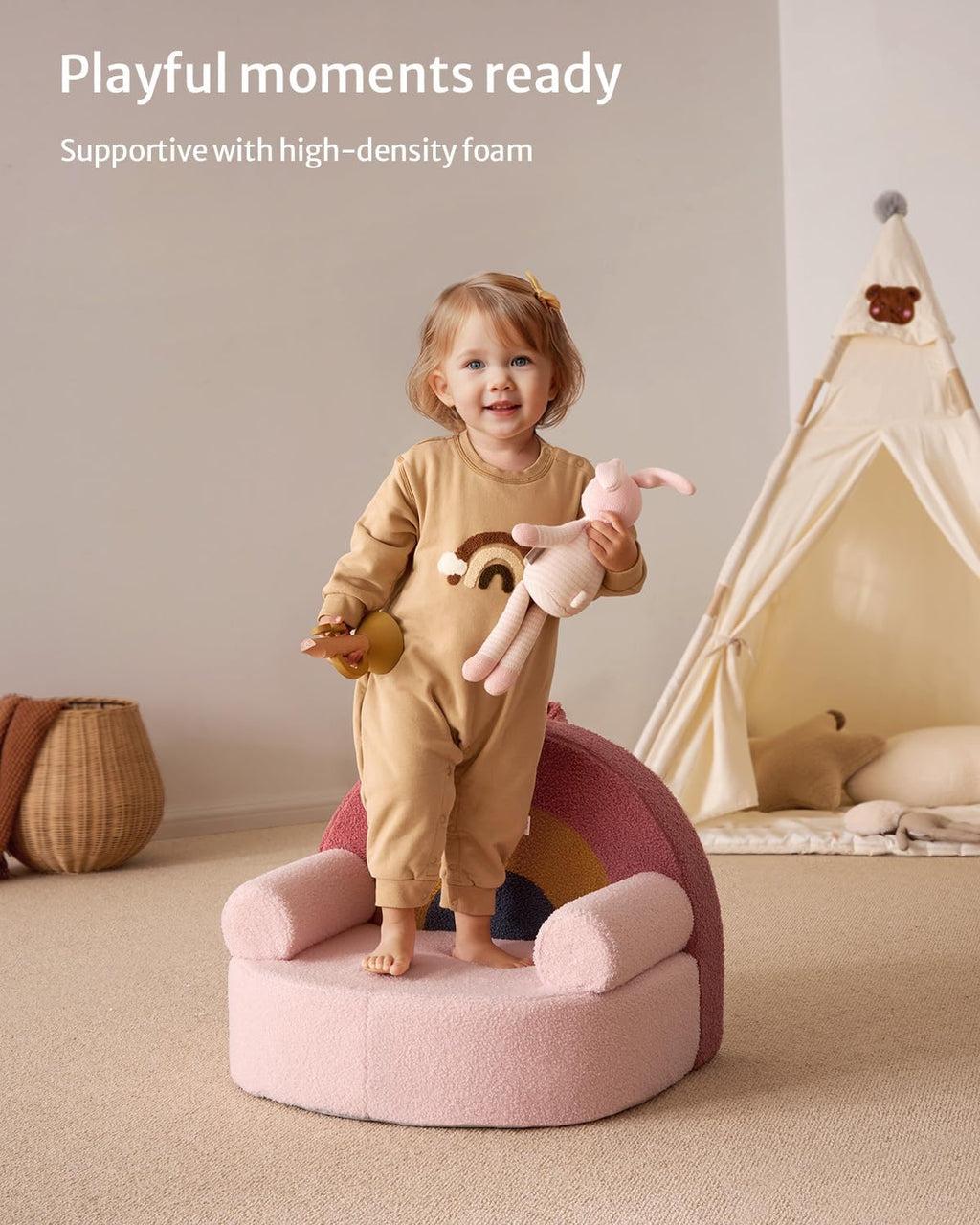 Blissful Diary Kids Chair, Soft Kids Armchair, Comfortable Kids Couch Sofa for Reading Planying, Kids Furniture for Boys and Girls Gift, Blush Pink Rainbow