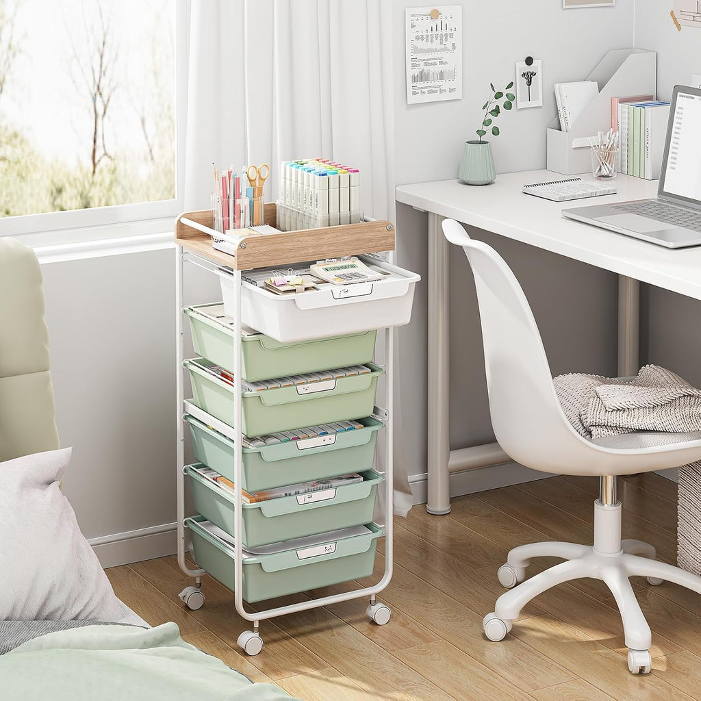 APEXCHASER Rolling Craft Storage Cart with 6 Drawers, Art Cart,Green | Utility Cart with Wooden Top, for Craft Room, Kids Art Station, Sewing Storage, Space-Saving for Home Office & Bedroom