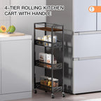 DGSNADGO Slim Rolling Storage Cart, 4-Tier Kitchen Cart on Wheels, Narrow Utility Cart with Handle and Wooden Tabletop for Small Space in Kitchen, Living Room, Bathroom, Rustic Brown and Black
