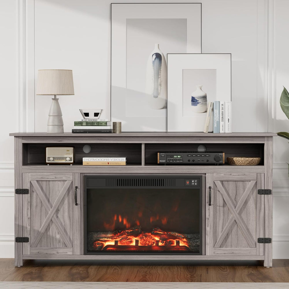 JUMMICO Fireplace TV Stand for TVs Up to 65+ Inch with 26" Fireplace(Gre...