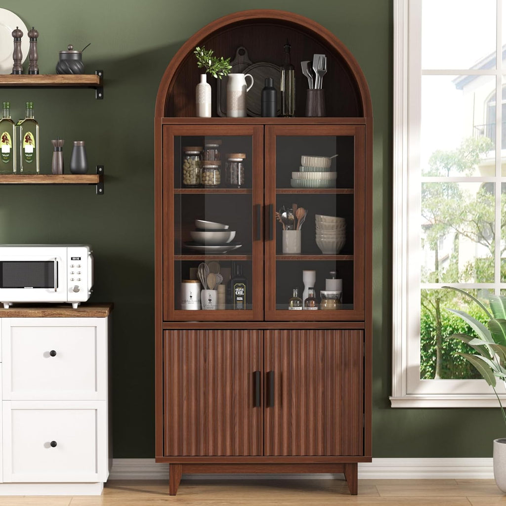 FiveWillowise Kitchen Pantry Cabinet with Glass Doors - Arched Design, Solid Wood Legs, Artistic Fluted Door, Adjustable Shelves, 70.8" Curved Storage Cabinet for Kitchen, Dining Room