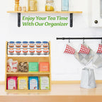 LASZOLA Bamboo Tea Bag and Coffee Holder Organizer for Cabinet Counter Office, 3 Tier Large Capacity Vertical K Cup and Tea Packet Storage Rack, Sturdy Display Stand, Easy Assemble