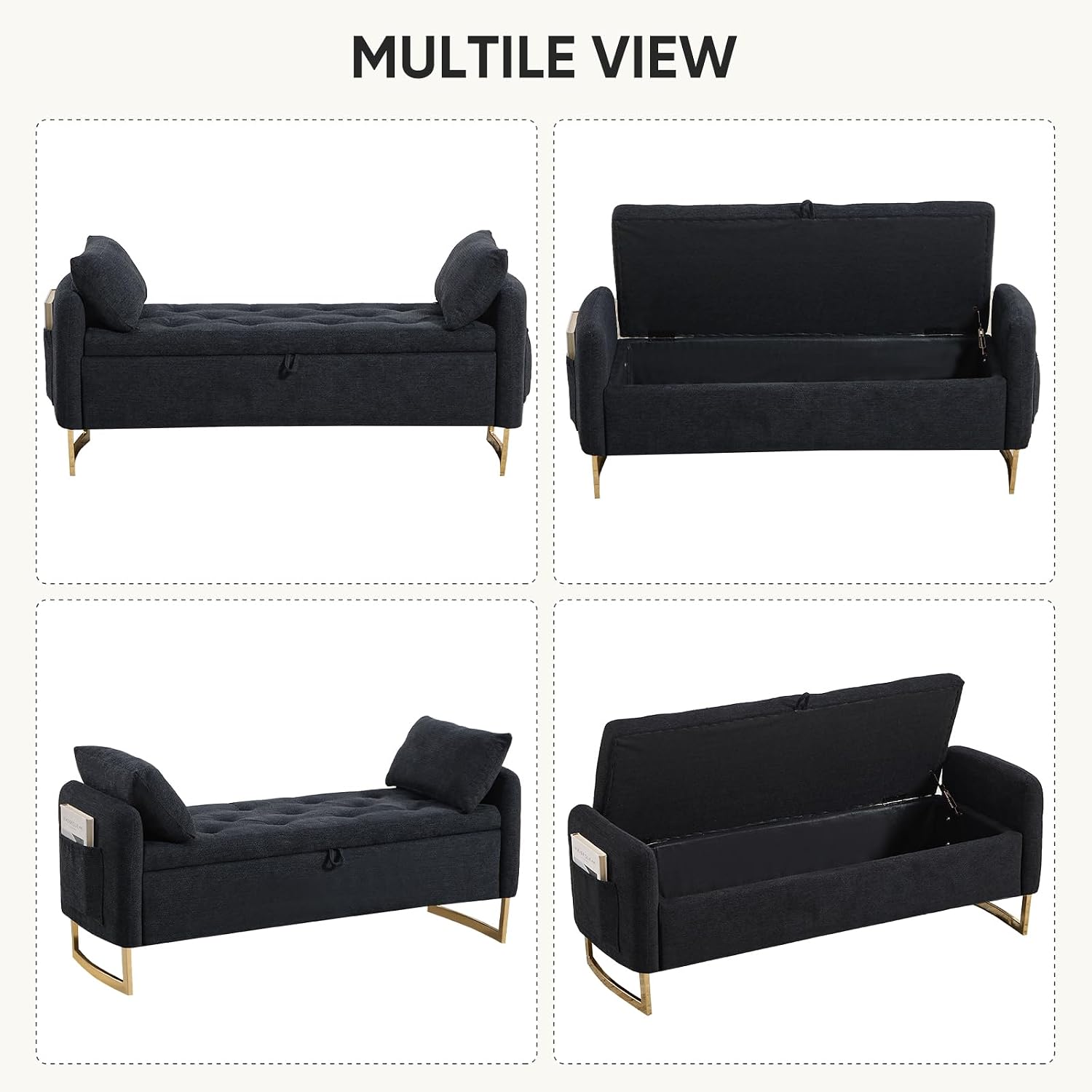 48" End of Bed Bench, Modern Storage Benches with Button-Tufted, Chenille Upholstered Storage Ottoman Bench for Foot of Bed with Arms, Gold Legs Window and Entryway, Black