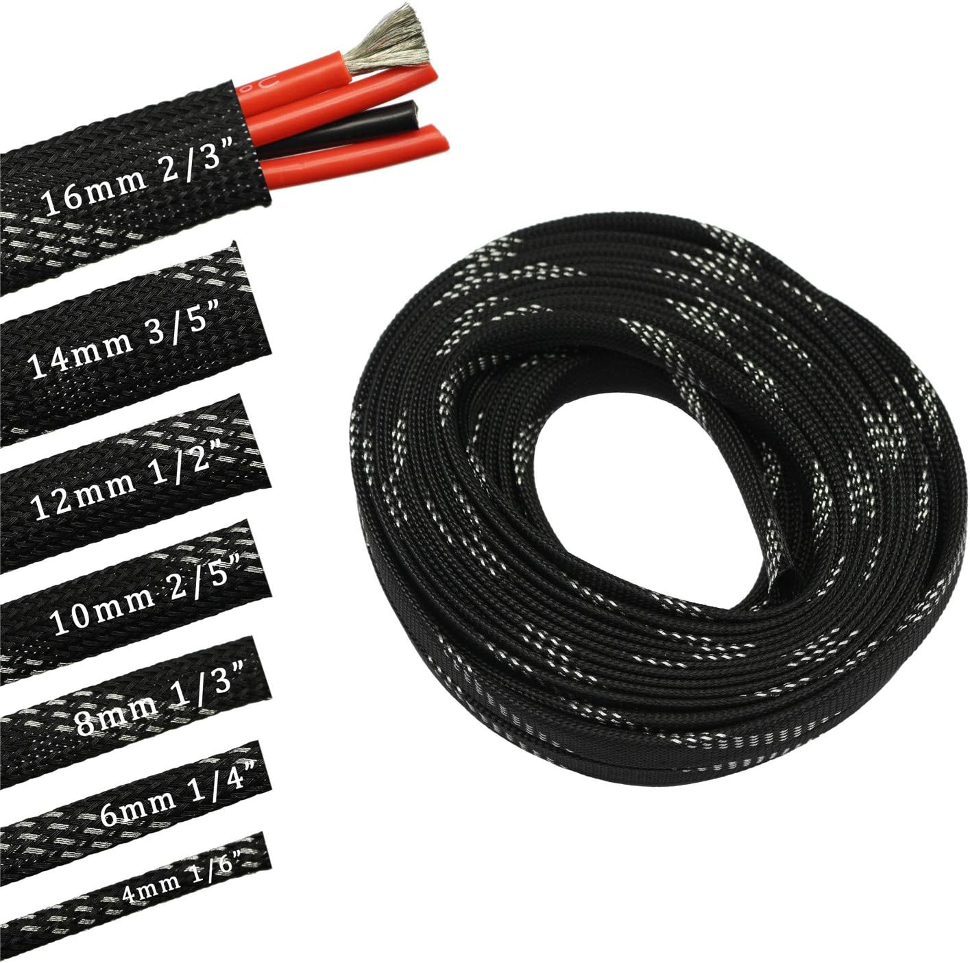 30ft PET Expandable Sleeving Wire Cable Sleeve (1/4", Silver&Black)