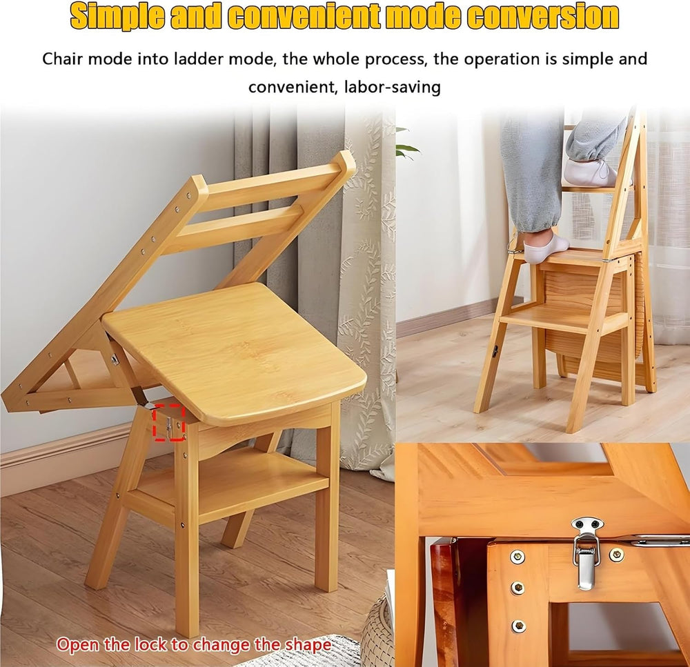 Aimery Library Ladder Chair, 2 in 1 Portable 4-Step Ladders, Wood Foldable St...