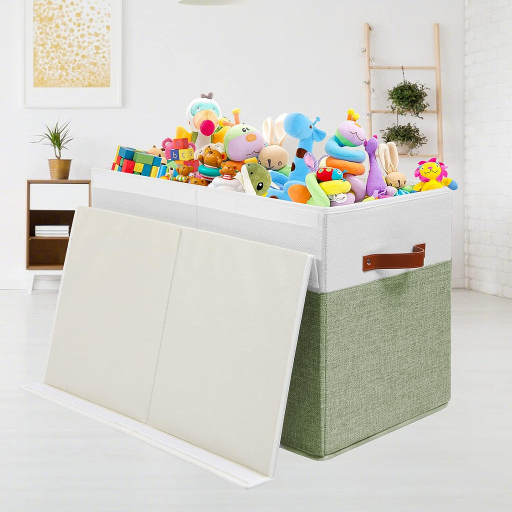 Large Toy Storage Box with Lid, Sturdy Toys Storage Chest Bin Organizer Basket with Dividers for Kids, Boys, Girls, Nursery, Closet, Bedroom, Playroom 25"x13" x16" (Green and White)
