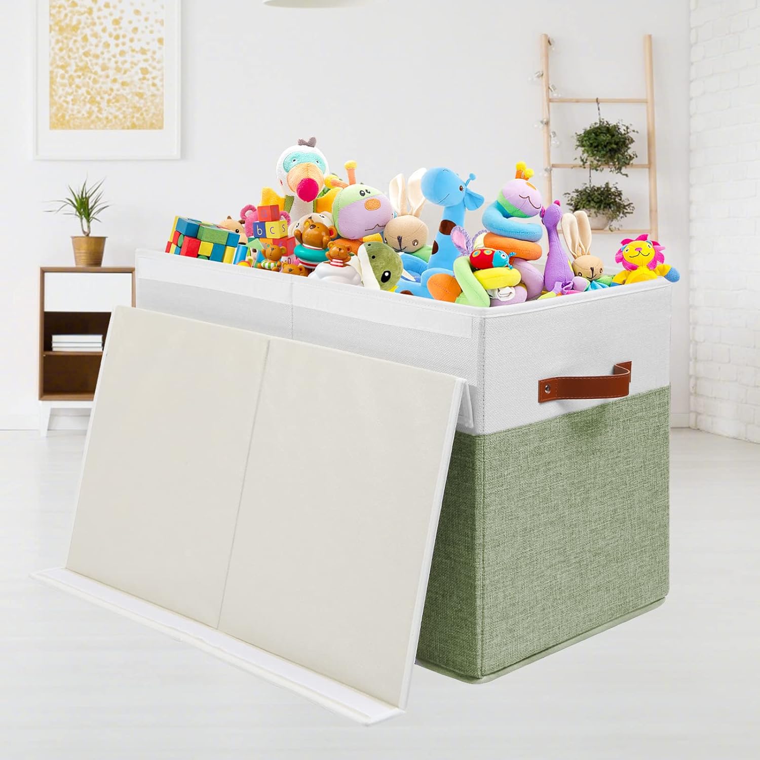 Large Toy Storage Box with Lid, Sturdy Toys Storage Chest Bin Organizer Basket with Dividers for Kids, Boys, Girls, Nursery, Closet, Bedroom, Playroom 25"x13" x16" (Green and White)