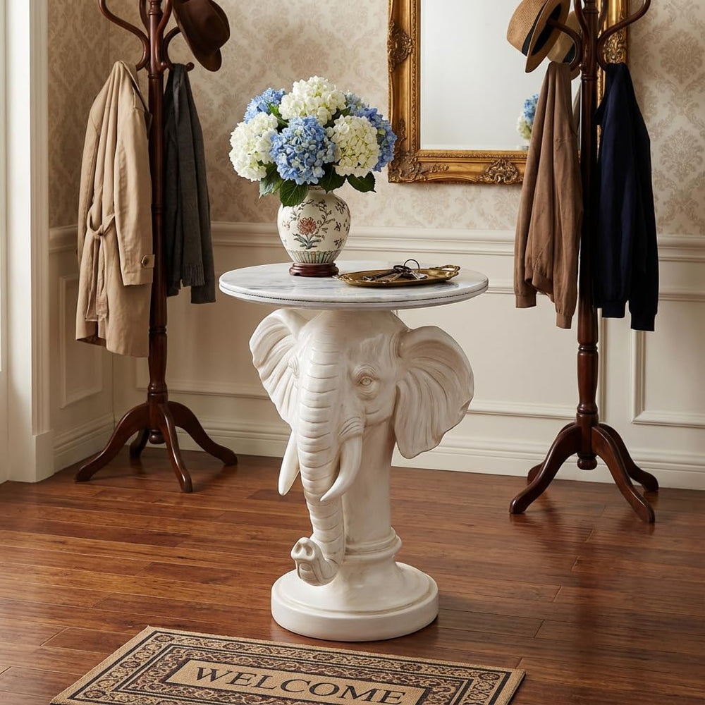 Elephant End Table – 25.98in Tall Artificial Marble Top Decorative Accent Tab...