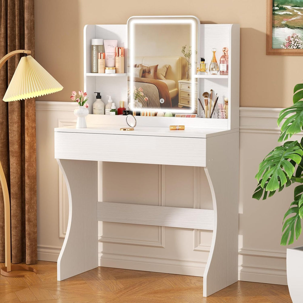 White Small Lighted Makeup Vanity Desk with Multi-Layer Storage | 3 Adjustabl...