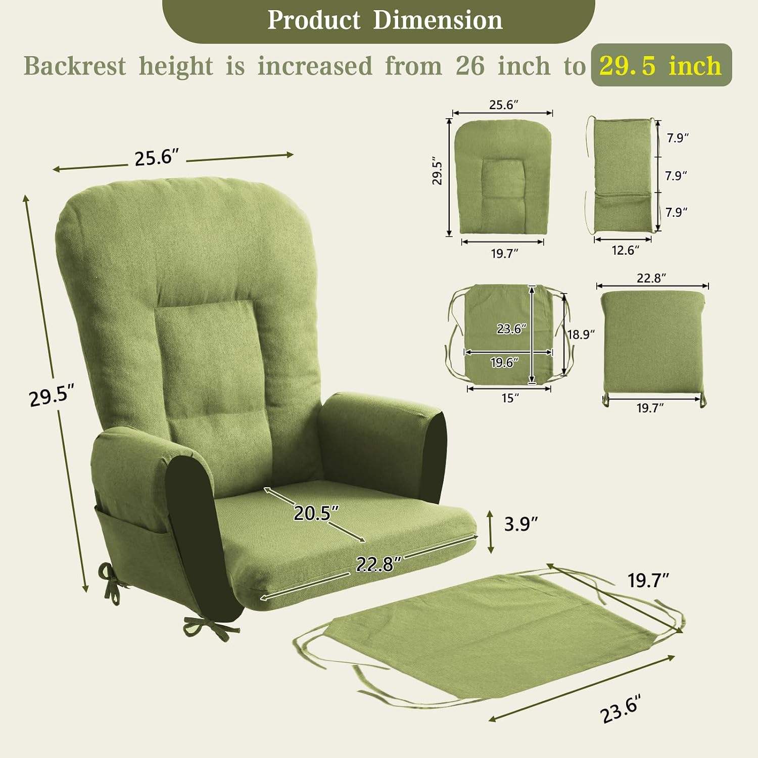 ANMINY 5pcs Glider Rocker Replacement Cushions Set - Thickened Glider Rocking Chair Cushions with 29.5 inch High Backrest & Side Pockets for Indoor Nursery, Washable & Non Slip, Green